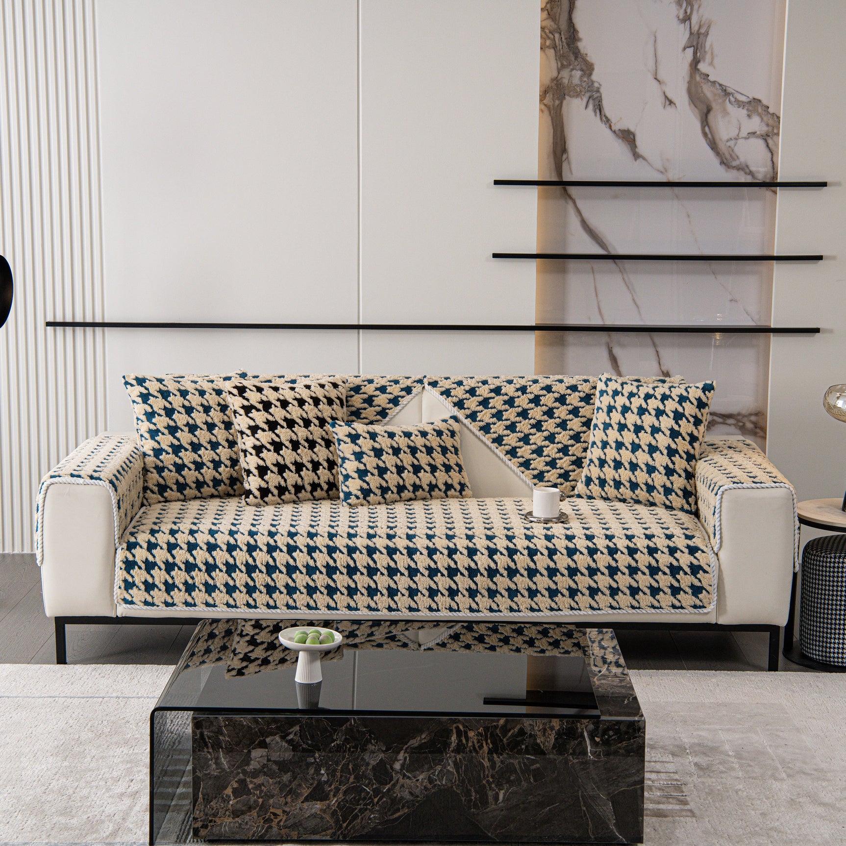 Winter Thickened Sherpa Fleece Houndstooth Sofa Cushion, Non-slip Sofa Cover with Plush