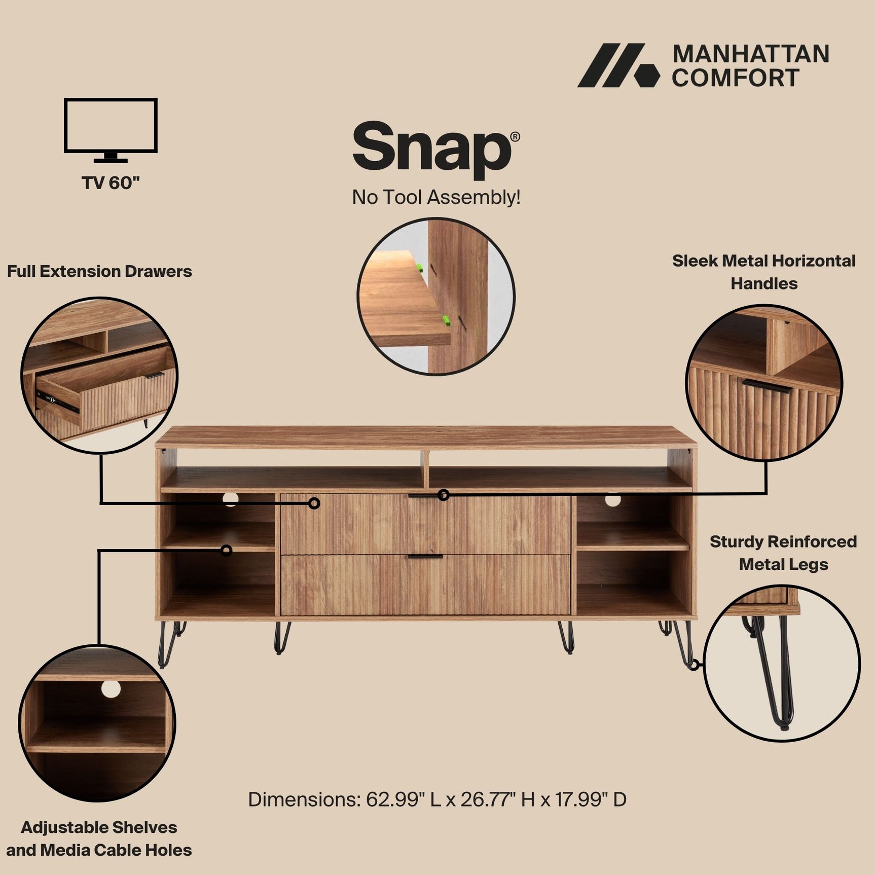 DUMBO 63" TV Stand in Golden Brown - Ornate Home