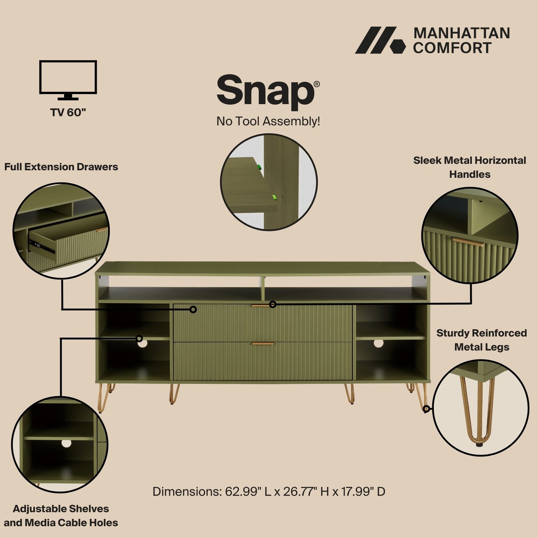DUMBO 63" TV Stand in Olive Green - Ornate Home