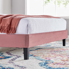 Daisy Dusty Rose Tapered Wood Leg Performance Velvet Queen Platform Bed - Ornate Home