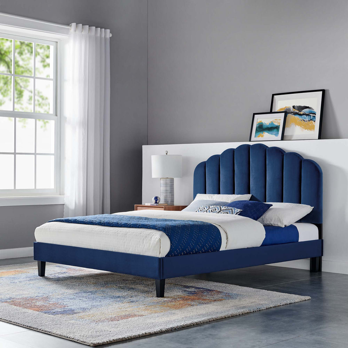 Daisy Navy Performance Velvet Full Platform Bed - Ornate Home