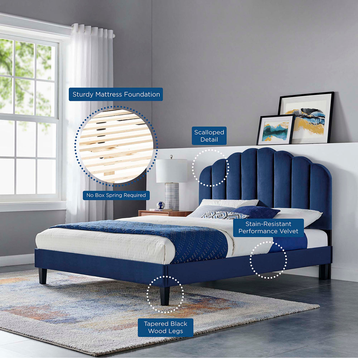 Daisy Navy Performance Velvet Full Platform Bed - Ornate Home