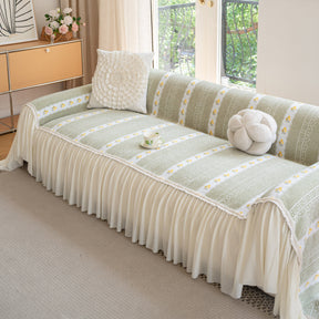 Daisy Striped Sofa Cover with Sheer Ruffle Skirt, Floral Soft Slipcover Blanket - Ornate Home
