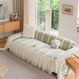 Daisy Striped Sofa Cover with Sheer Ruffle Skirt, Floral Soft Slipcover Blanket - Ornate Home