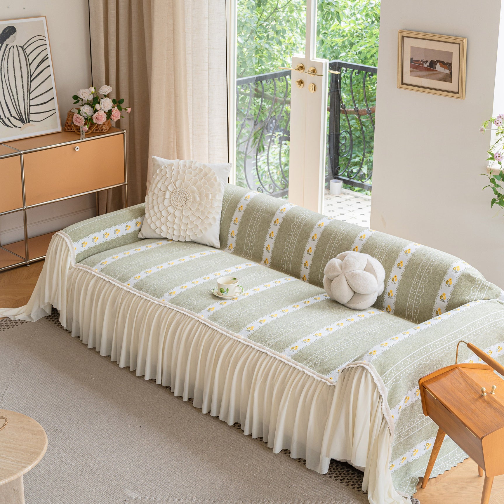 Daisy Striped Sofa Cover with Sheer Ruffle Skirt, Floral Soft Slipcover Blanket - Ornate Home