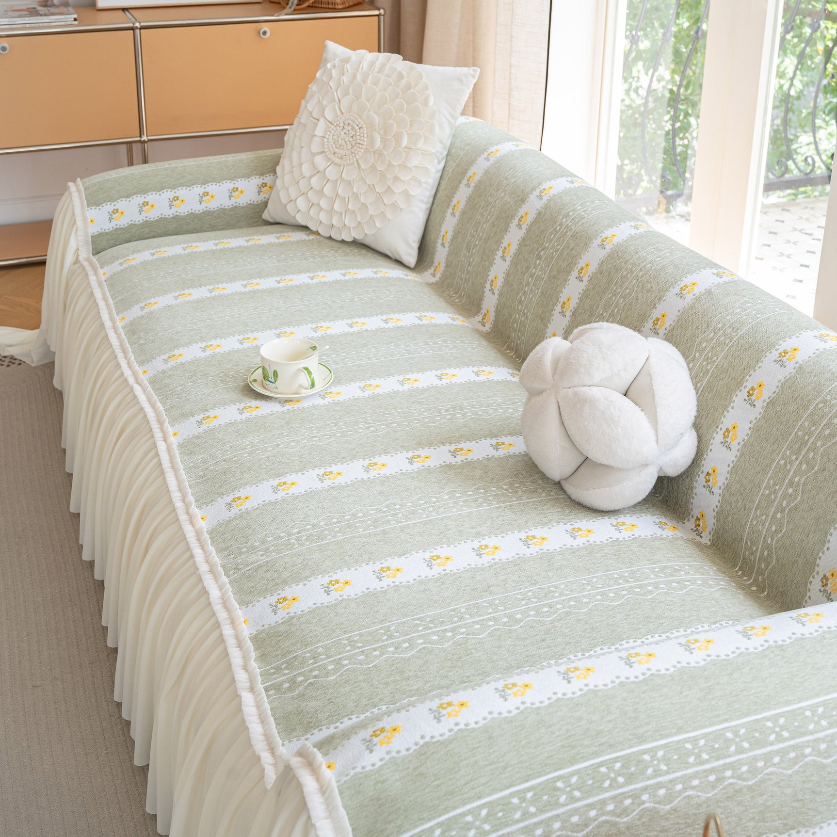 Daisy Striped Sofa Cover with Sheer Ruffle Skirt, Floral Soft Slipcover Blanket - Ornate Home