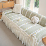 Daisy Striped Sofa Cover with Sheer Ruffle Skirt, Floral Soft Slipcover Blanket - Ornate Home