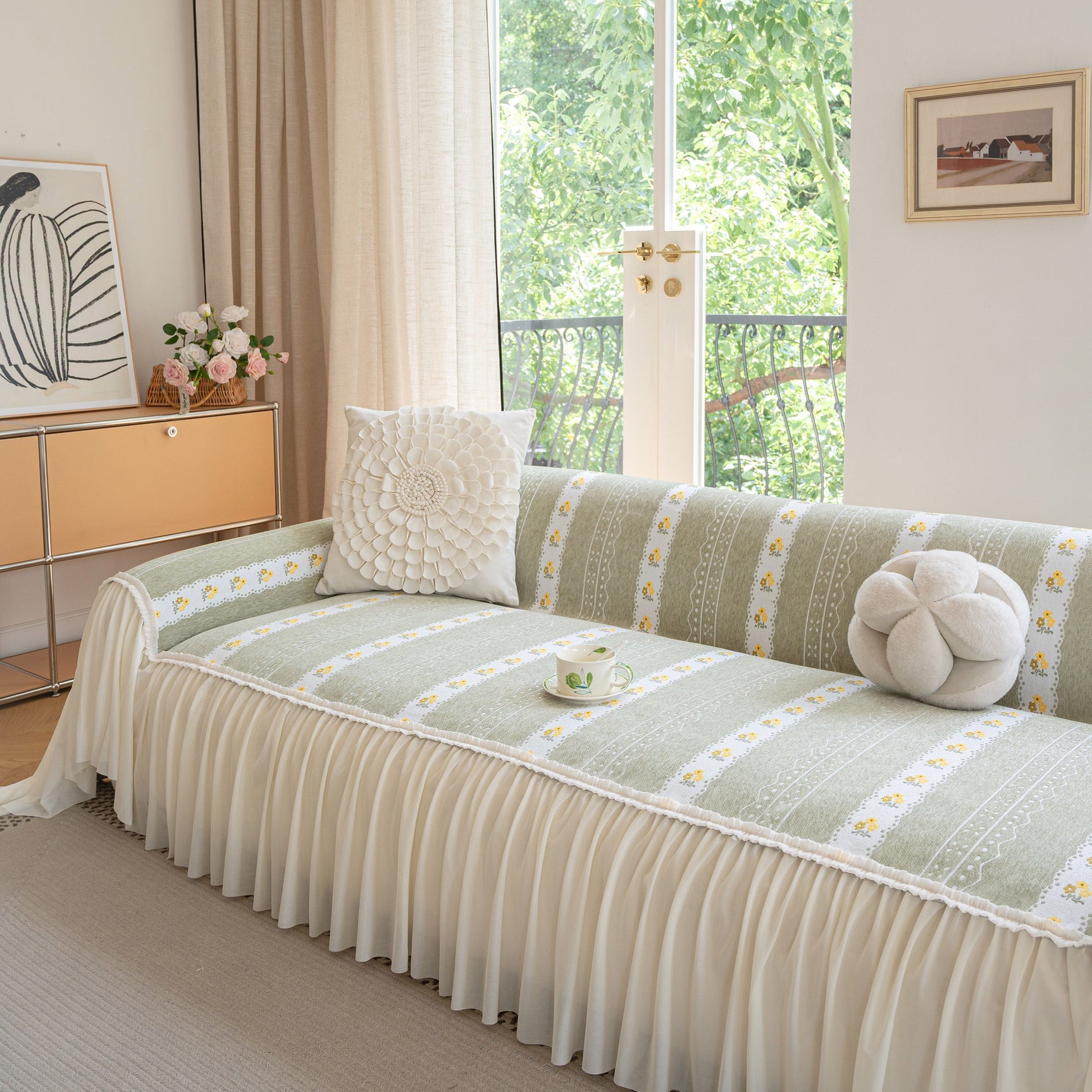 Daisy Striped Sofa Cover with Sheer Ruffle Skirt, Floral Soft Slipcover Blanket - Ornate Home