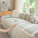 Daisy Striped Sofa Cover with Sheer Ruffle Skirt, Floral Soft Slipcover Blanket - Ornate Home