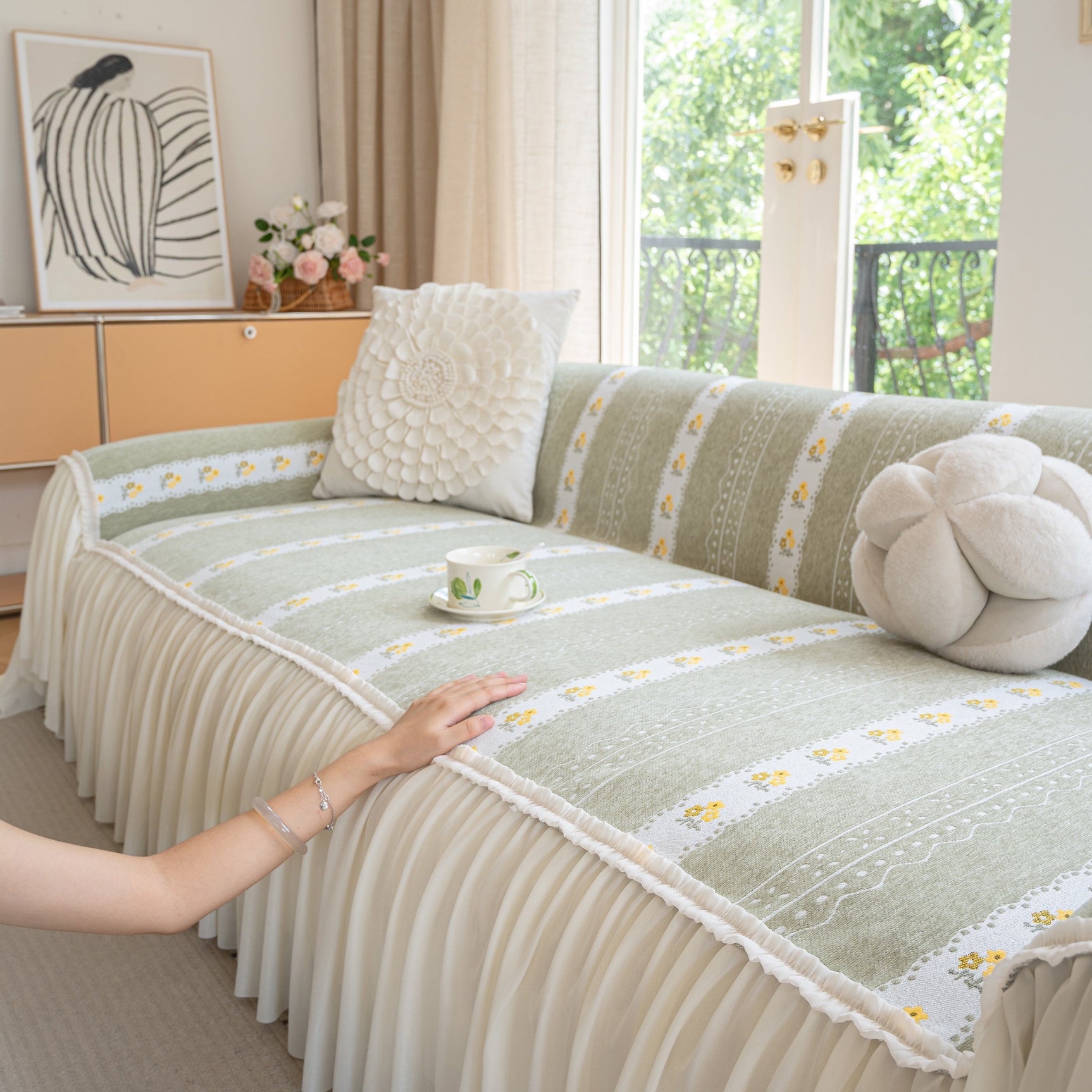 Daisy Striped Sofa Cover with Sheer Ruffle Skirt, Floral Soft Slipcover Blanket - Ornate Home