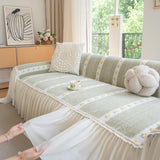 Daisy Striped Sofa Cover with Sheer Ruffle Skirt, Floral Soft Slipcover Blanket - Ornate Home