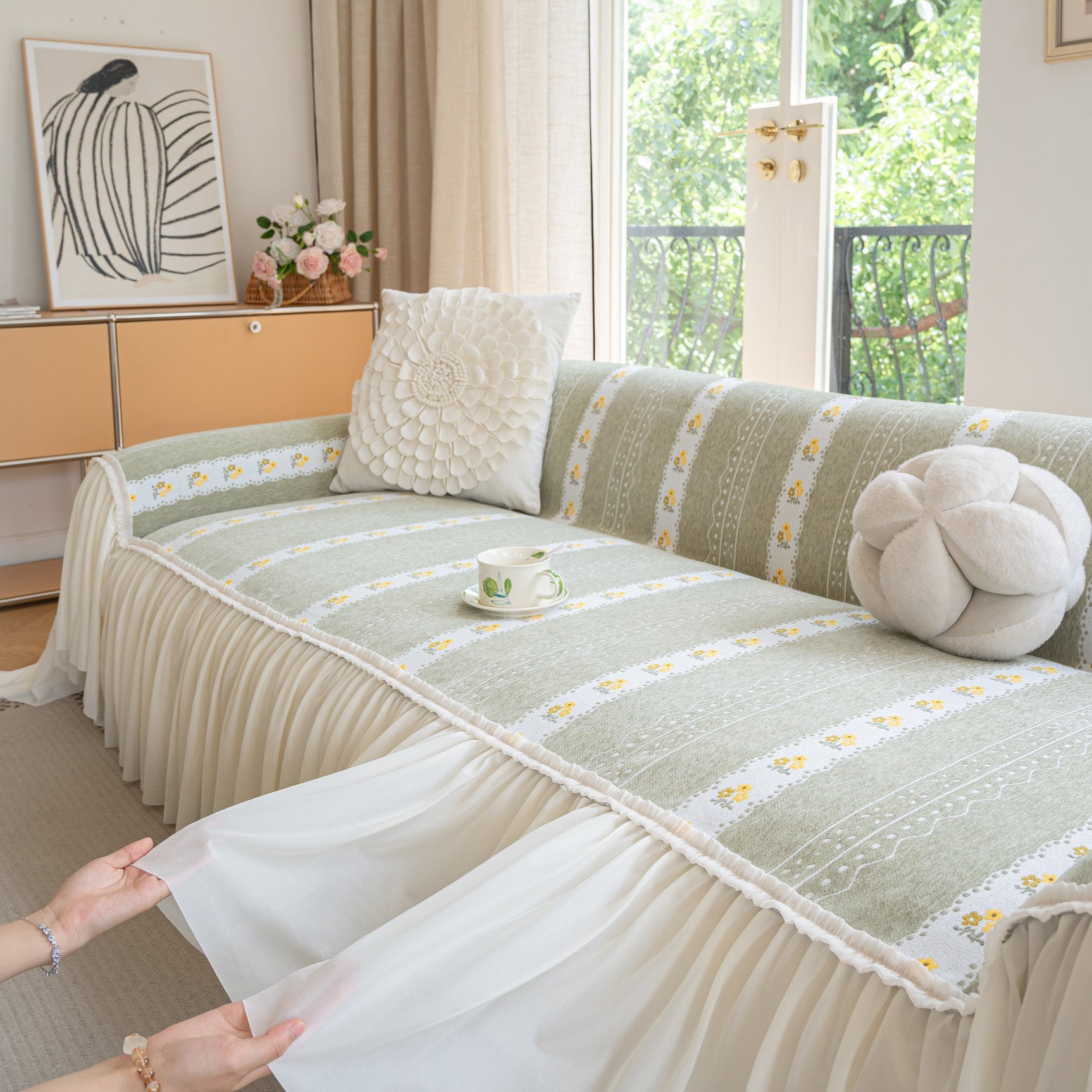Daisy Striped Sofa Cover with Sheer Ruffle Skirt, Floral Soft Slipcover Blanket - Ornate Home
