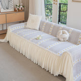 Daisy Striped Sofa Cover with Sheer Ruffle Skirt, Floral Soft Slipcover Blanket - Ornate Home