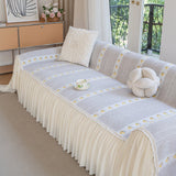 Daisy Striped Sofa Cover with Sheer Ruffle Skirt, Floral Soft Slipcover Blanket - Ornate Home