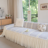 Daisy Striped Sofa Cover with Sheer Ruffle Skirt, Floral Soft Slipcover Blanket - Ornate Home