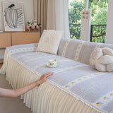 Daisy Striped Sofa Cover with Sheer Ruffle Skirt, Floral Soft Slipcover Blanket - Ornate Home
