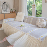 Daisy Striped Sofa Cover with Sheer Ruffle Skirt, Floral Soft Slipcover Blanket - Ornate Home