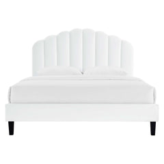Daisy White Tapered Wood Leg Performance Velvet Queen Platform Bed - Ornate Home