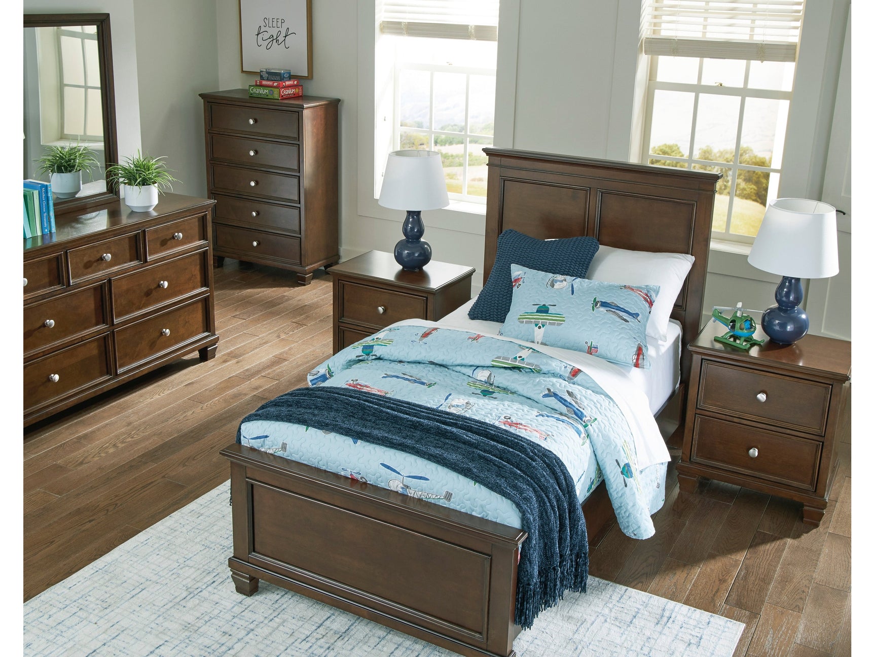 Danabrin Brown Twin Panel 5-Piece Bedroom Set w/ 2 Nightstands - Ornate Home