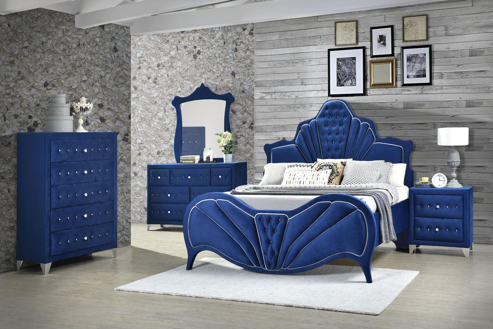 Dante Blue Velvet Eastern King Bed - Ornate Home