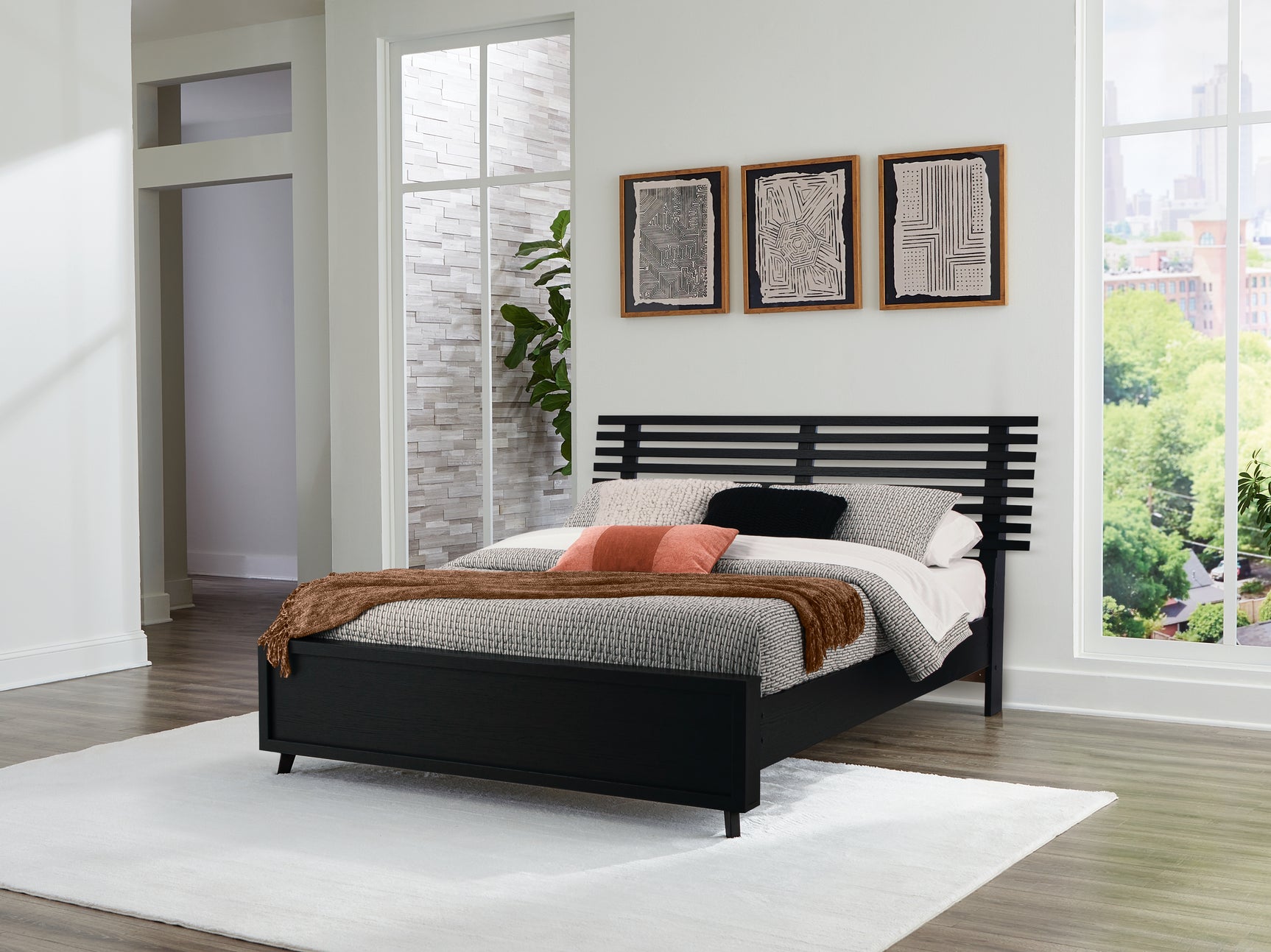 Danziar Black Queen Slat Panel Platform Bed, Dresser and Mirror - Ornate Home