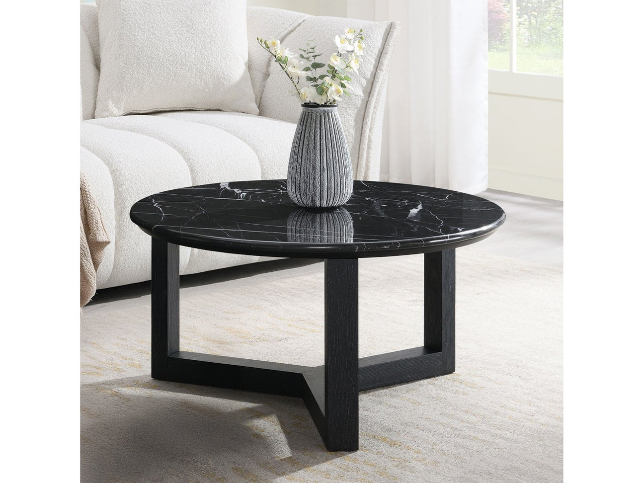 Dara Natural Marble Top/Black Coffee Table 32" W - Ornate Home