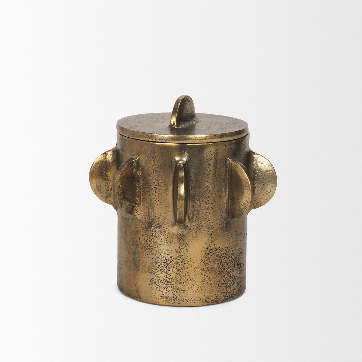 Deacon Antiqued Gold Small Metal Canister with Sculptural Handles - Ornate Home