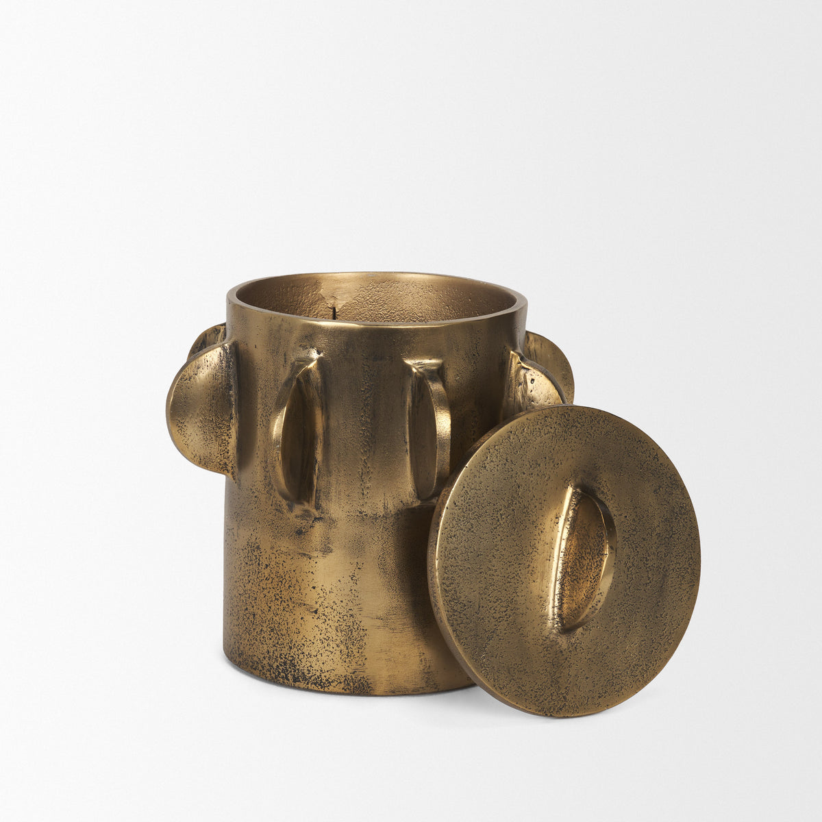 Deacon Antiqued Gold Small Metal Canister with Sculptural Handles - Ornate Home