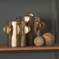 Deacon Antiqued Gold Small Metal Canister with Sculptural Handles - Ornate Home