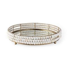 Decatur White Wooden Bead Mirrored Bottom Round Tray