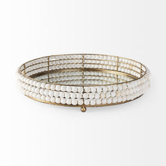 Decatur White Wooden Bead Mirrored Bottom Round Tray