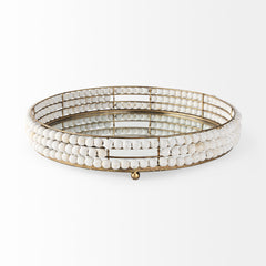 Decatur White Wooden Bead Mirrored Bottom Round Tray