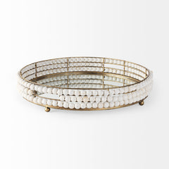 Decatur White Wooden Bead Mirrored Bottom Round Tray