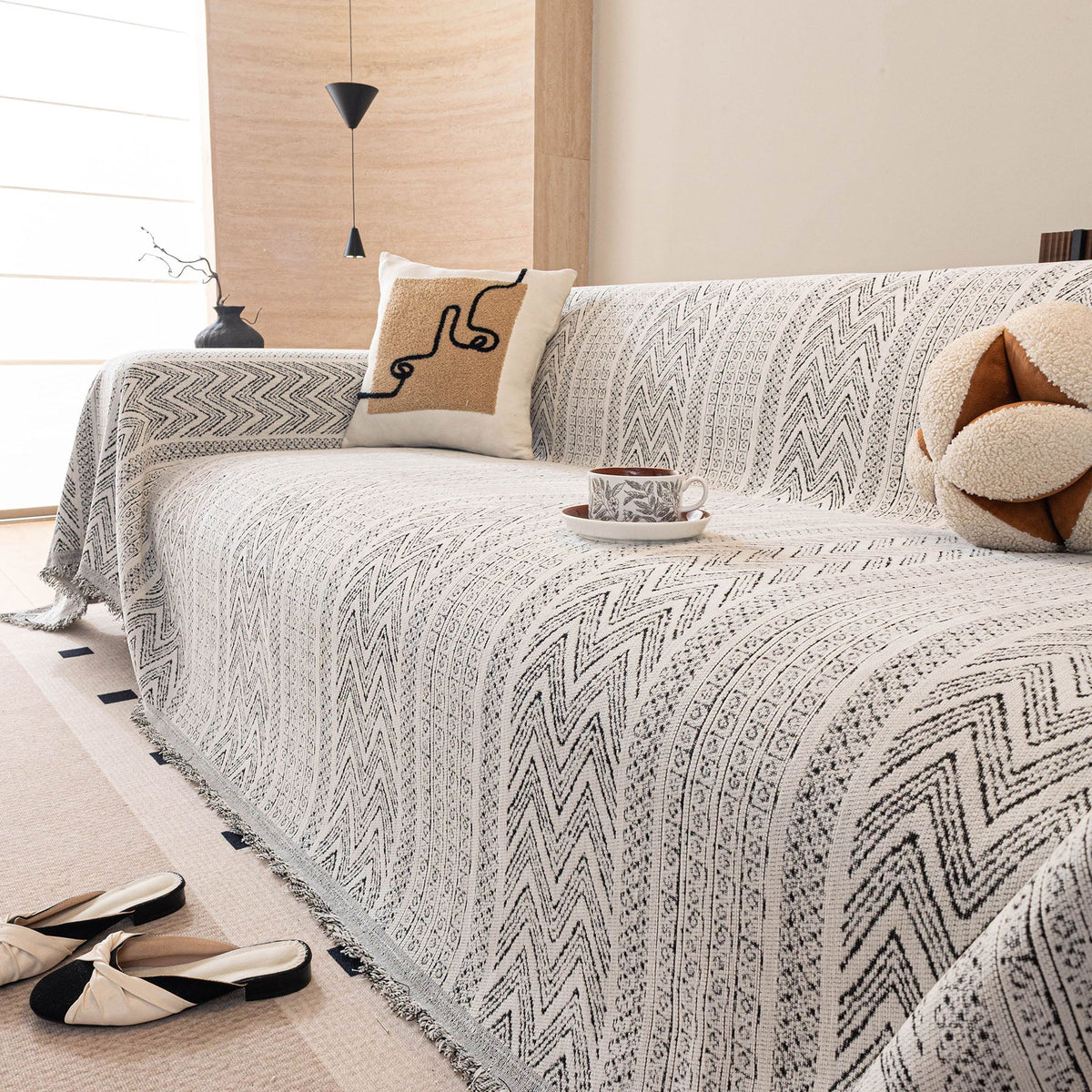 Decorative Slipcover for Pets, Kids, Boho Woven Couch Cover Throw Blanket with Tassel - Ornate Home