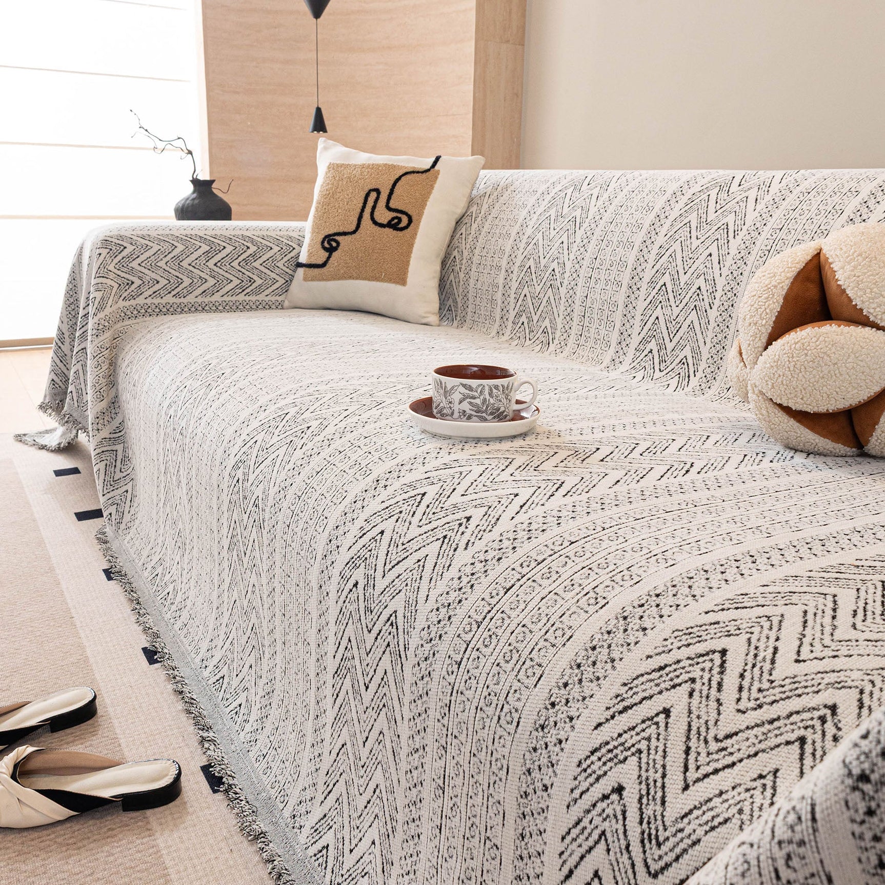 Decorative Slipcover for Pets, Kids, Boho Woven Couch Cover Throw Blanket with Tassel - Ornate Home