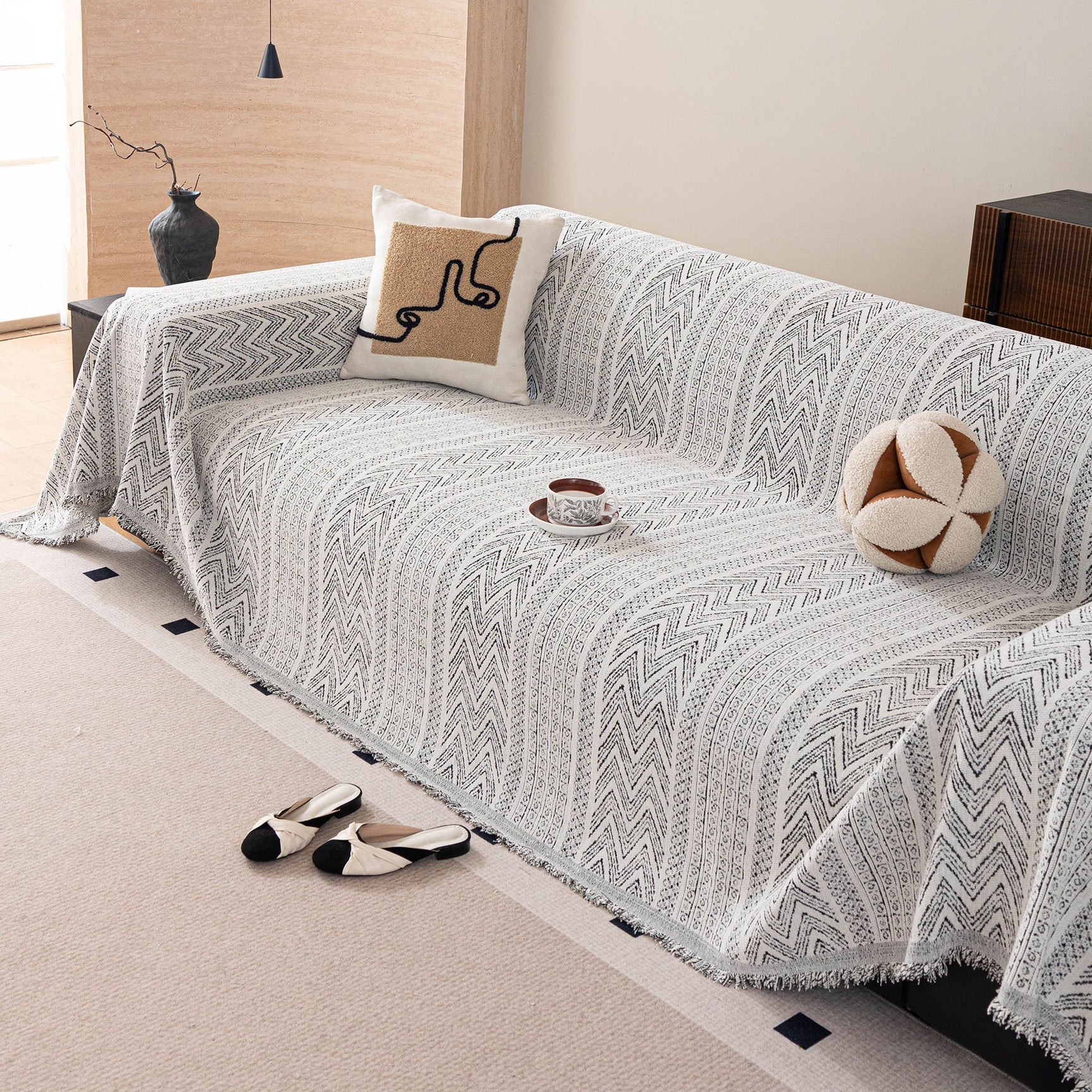 Decorative Slipcover for Pets, Kids, Boho Woven Couch Cover Throw Blanket with Tassel - Ornate Home