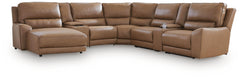 DeepWakes Caramel 7-Piece Reclining Sectional with Chaise and Storage Consoles - Ornate Home