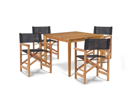Del Ray 5-Piece Square Teak Black Outdoor Dining Set with Folding Armchairs - Ornate Home