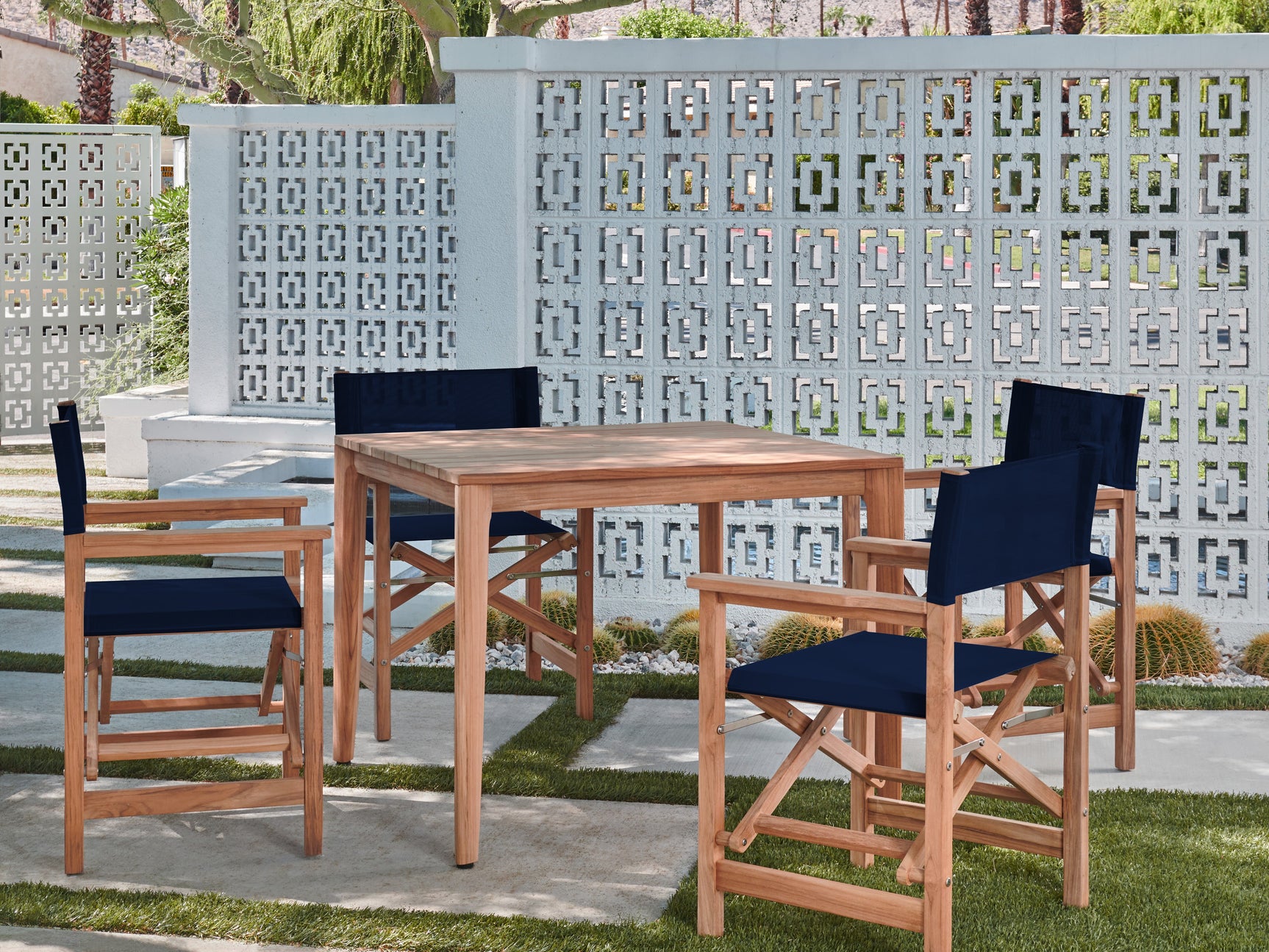 Del Ray 5-Piece Square Teak Blue Outdoor Dining Set with Folding Armchairs - Ornate Home