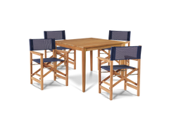 Del Ray 5-Piece Square Teak Blue Outdoor Dining Set with Folding Armchairs - Ornate Home