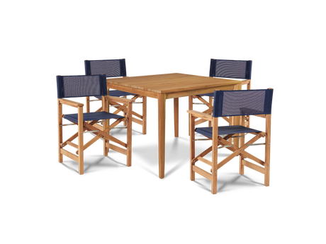 Del Ray 5-Piece Square Teak Blue Outdoor Dining Set with Folding Armchairs - Ornate Home