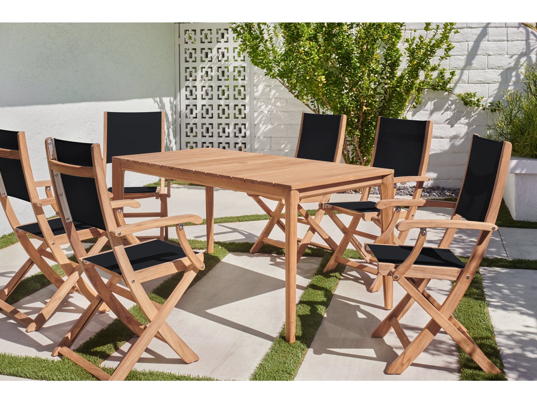 Del Ray 7-Piece Rectangular Teak Black Outdoor Dining Set with Folding Armchairs - Ornate Home