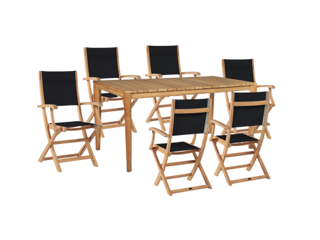 Del Ray 7-Piece Rectangular Teak Black Outdoor Dining Set with Folding Armchairs - Ornate Home