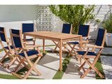 Del Ray 7-Piece Rectangular Teak Blue Outdoor Dining Set with Folding Armchairs - Ornate Home