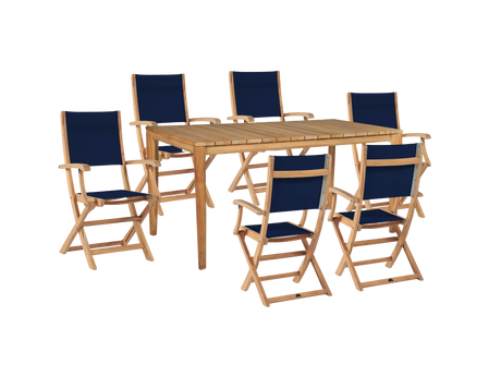 Del Ray 7-Piece Rectangular Teak Blue Outdoor Dining Set with Folding Armchairs - Ornate Home