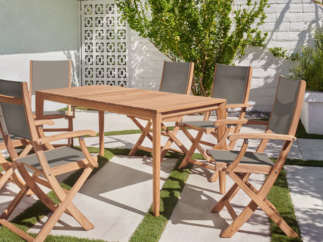 Del Ray 7-Piece Rectangular Teak Taupe Outdoor Dining Set with Folding Armchairs - Ornate Home