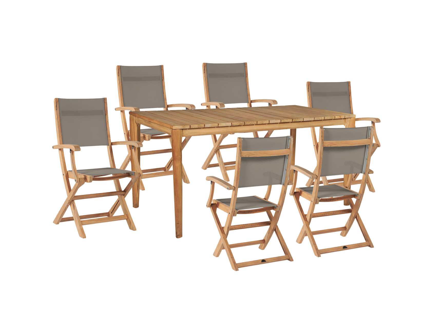 Del Ray 7-Piece Rectangular Teak Taupe Outdoor Dining Set with Folding Armchairs - Ornate Home