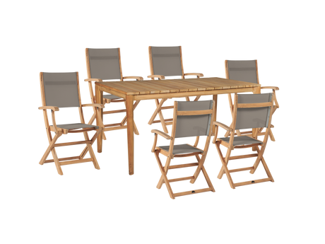 Del Ray 7-Piece Rectangular Teak Taupe Outdoor Dining Set with Folding Armchairs - Ornate Home