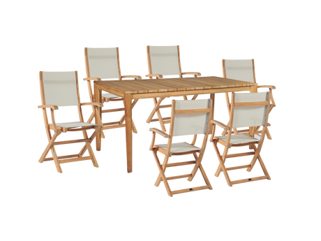 Del Ray 7-Piece Rectangular Teak White Outdoor Dining Set with Folding Armchairs - Ornate Home