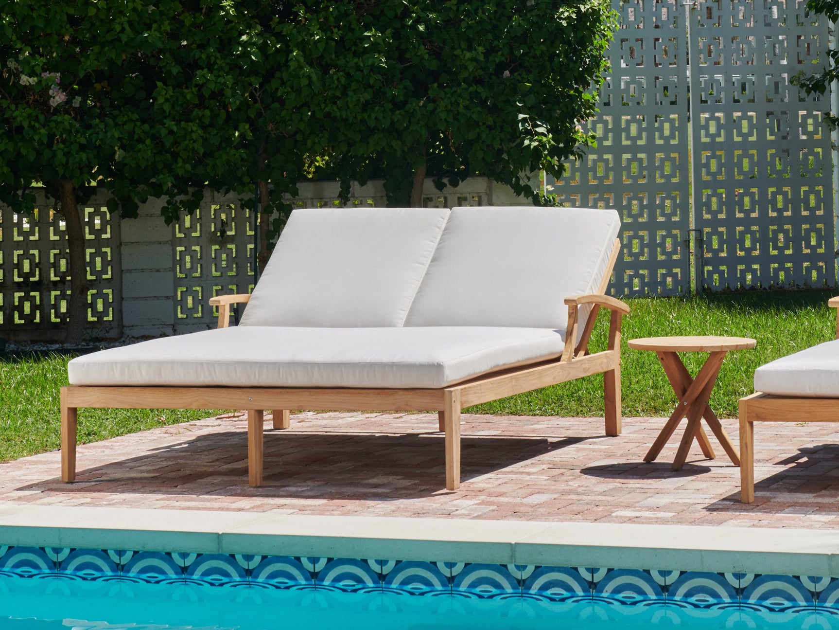 Delano Double Teak Canvas Outdoor Reclining Sunlounger with Sunbrella® Cushion - Ornate Home